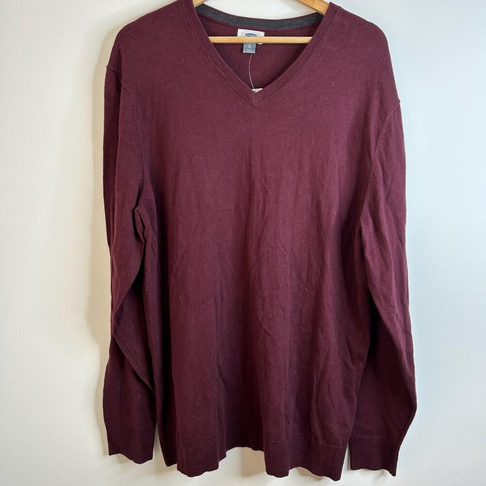 Old Navy Sweater Mens XL Burgundy V-Neck 100% Cotton Knit Long Sleeve Pullover